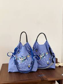 Neue Damen Umhängetasche, japanisch besticktes buntes Flugzeug Muster Shopper mit großer Kapazität, leicht faltbare Einkaufstasche geeignet für Pendeln, Reisen, Einkaufen, Dates, Überraschungsgeschenk, Weihnachtsgeschenk, Handtasche mit großer Kapazität, Pendlertasche, Damentasche