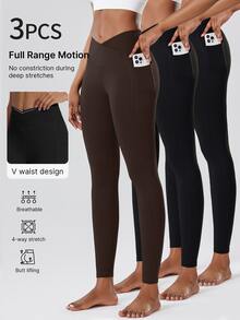 3pcs Women's High Waist Lifting Tight Leggings, Sports Pants, Jogging Pants, Cycling Pants, Fitness Wear, With Criss-Cross Waist And Pockets, Stretchy, Soft, Breathable, Moisture-Wicking, Suitable For Gym, Yoga, Pilates, Outdoor, Casual, Sports, Running, Cycling, Tennis, Badminton, Soccer, Golf