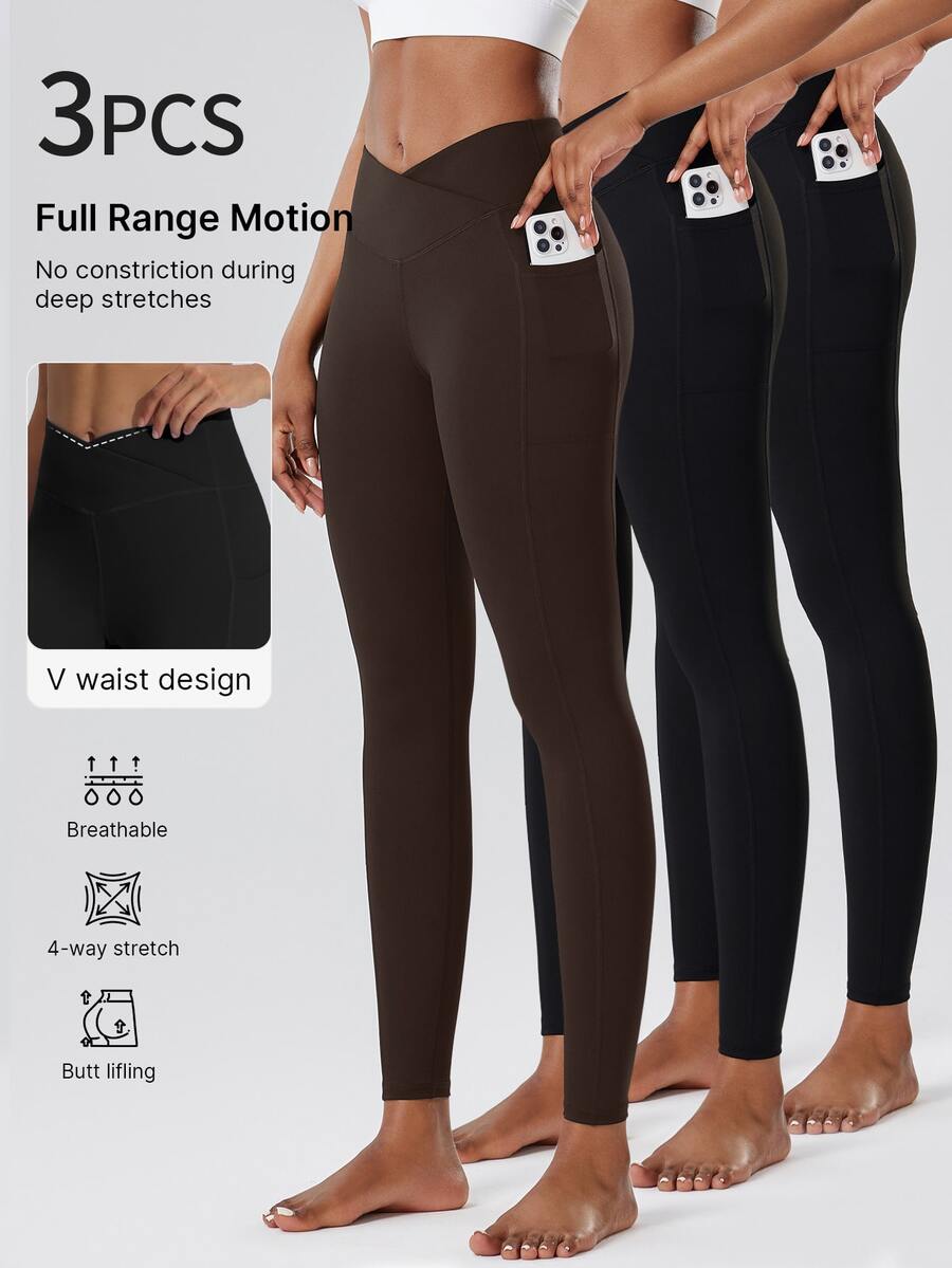 3pcs Women's High Waist Lifting Tight Leggings, Sports Pants, Jogging Pants, Cycling Pants, Fitness Wear, With Criss-Cross Waist And Pockets, Stretchy, Soft, Breathable, Moisture-Wicking, Suitable For Gym, Yoga, Pilates, Outdoor, Casual, Sports, Running, Cycling, Tennis, Badminton, Soccer, Golf