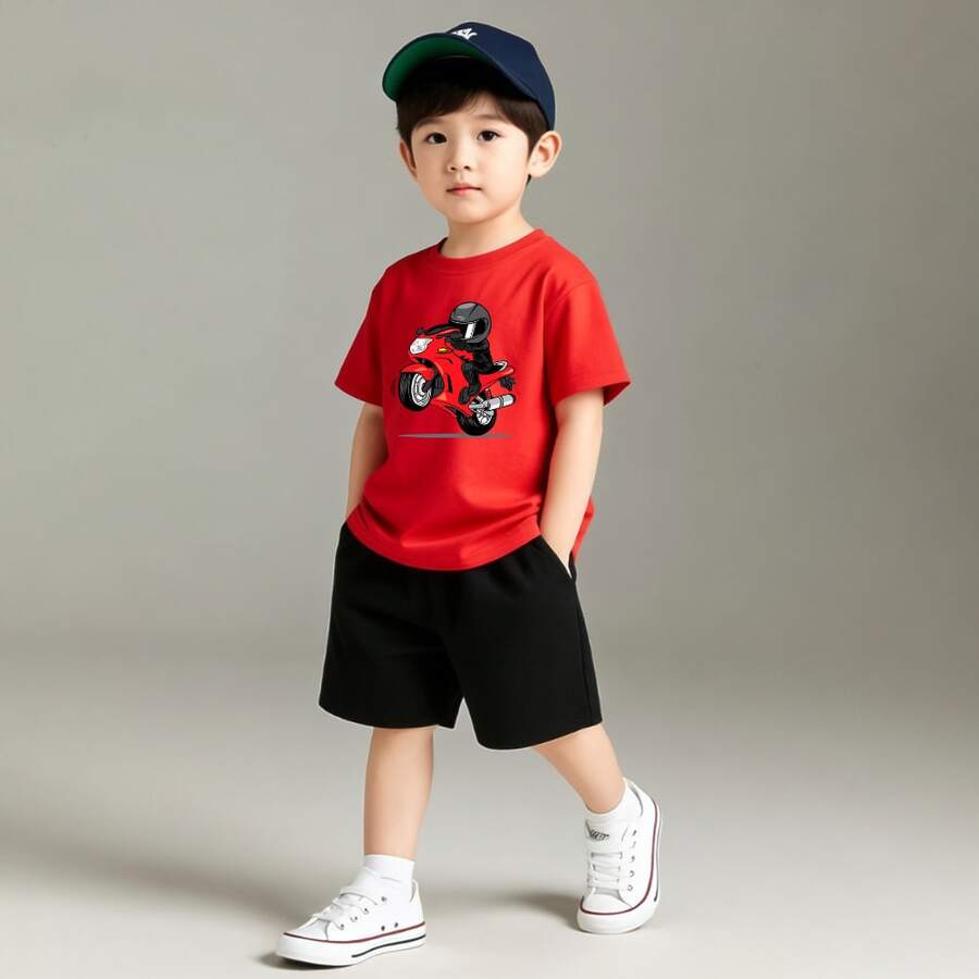 Camiseta Infantil Ombro A Ombro Manga Curta Estampada Empina Moto 100% Algodão Camisa Premium Infantil De Menino - Vermelho - Visão 1