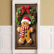 1 peça, guirlanda de porta de boneco de gengibre em fibra de poliéster, 35,4 x 70,8 polegadas, decoração festiva de Natal, uso interno/externo para casa, cozinha, festa, entrada, sala, jardim, sem necessidade de energia