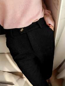 Pantalones de traje de pierna recta de diseño francés, de cintura alta, elegantes, para otoño/invierno - Negro - Ver 4