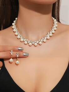 3入/set 迷人的鑽石和人工珍珠飾品套裝,適用於女性婚禮派對 - 金黃色 - 查看 3