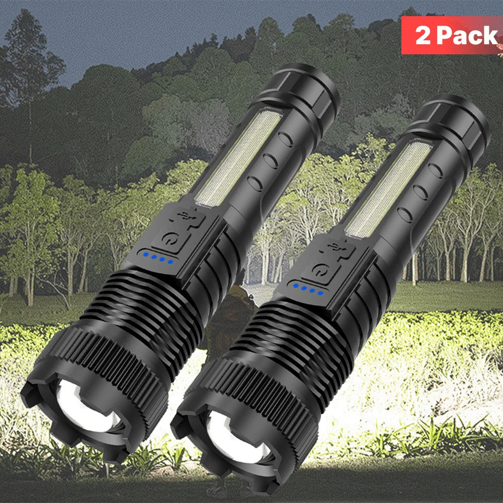 Rechargeable LED Flashlights, 90,000 Lumens Super Bright Handheld Flashlight, 7 Modes With COB Work Light, IPX6 Waterproof, Adjustable Tactical Flash Light For Home,Camping And Emergencies(2Pack Black) - 黑色 2Pack - 查看 1