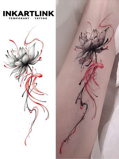 INKARTLINK Tatuaje temporal de flor de loto de tinta china INKARTINK, resistente al agua de 2 a 5 días, pegatina de tatuaje de transferencia de agua colorida, tatuaje falso realista, diseño único