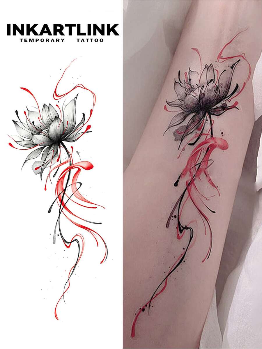 INKARTINK Chinese Ink Lotus Flower Temporary Tattoo, Waterproof 2-5 Days, Colorful Water Transfer Tattoo Sticker, Realistic Fake Tattoo, Unique Design