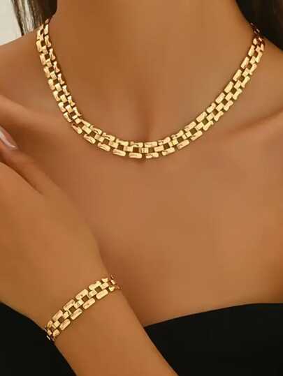 1 Set mit 2 Stück Metallschmuck im minimalistischen, eleganten Design mit feiner Kette als Halskette & Armband, elegant für Frauen