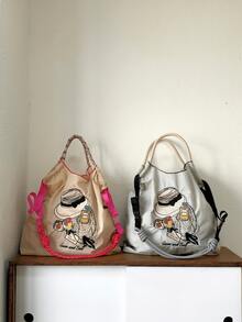 New Women's Tote Bag With Embroidered Fashion Pattern, Large Capacity Shoulder Bag With Adjustable Strap, Lightweight And Foldable Shopping Bag Suitable For Office, Commuting, Outdoor, Sports, Party, Surprise Gift, Big Capacity Handbag, Commuter Bag, Ladies Purse