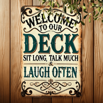 Letrero metálico de 20 x 30 cm "Bienvenido a nuestra terraza, siéntate, habla mucho, ríe a menudo", adecuado para pared exterior, patio, porche, garaje, hogar, cafetería, bar, club, restaurante, tienda, granja, jardín, pieza de arte y regalo festivo