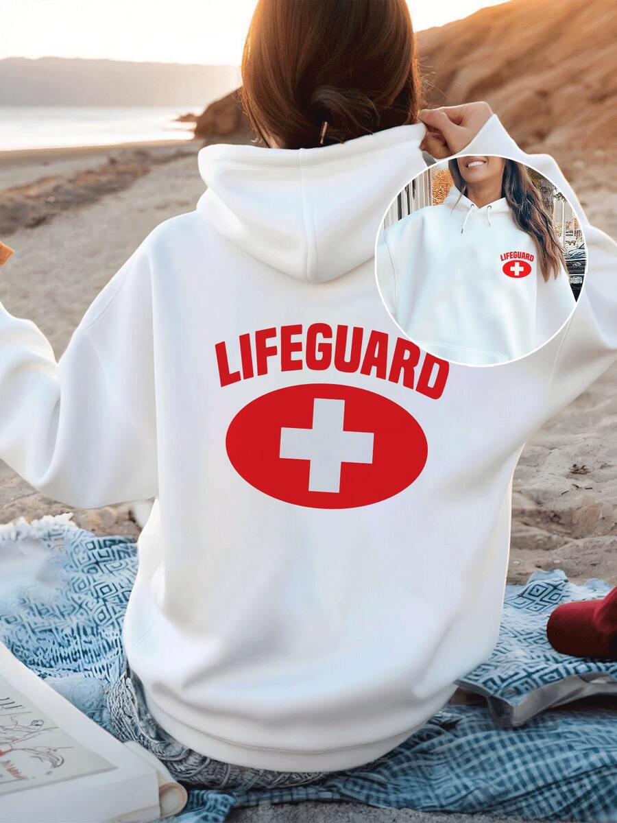 Women's Stylish Hoodie With Lifeguard Logo,Casual Pullover Sweatshirt With Graphic,Comfortable And Fashionable Hooded Top For Ladies - 白色 - 查看 1