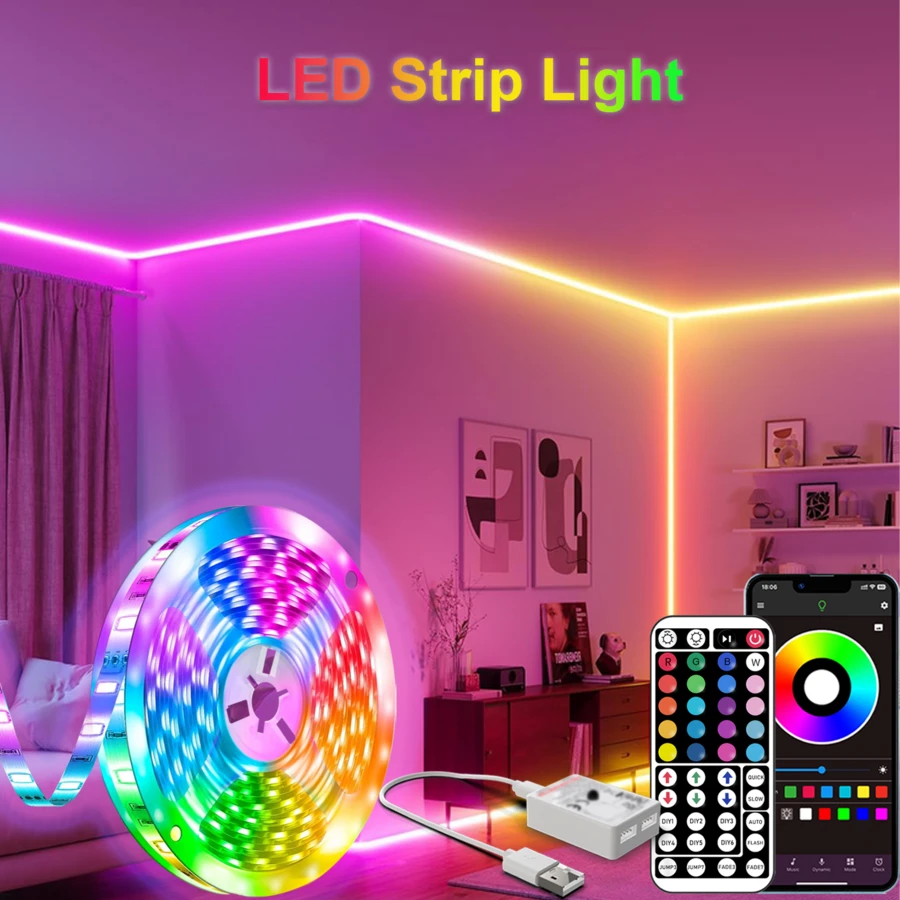 NBBUFF 3.28-100 英尺智能新奇 LED 灯，USB 供电 RGB 灯带，房间装饰照明，应用程序和遥控器，计时器，音乐同步，1600 万种颜色，100 多种场景，适用于卧室、电视、电脑背光、万圣节、圣诞节、派对、婚礼装饰