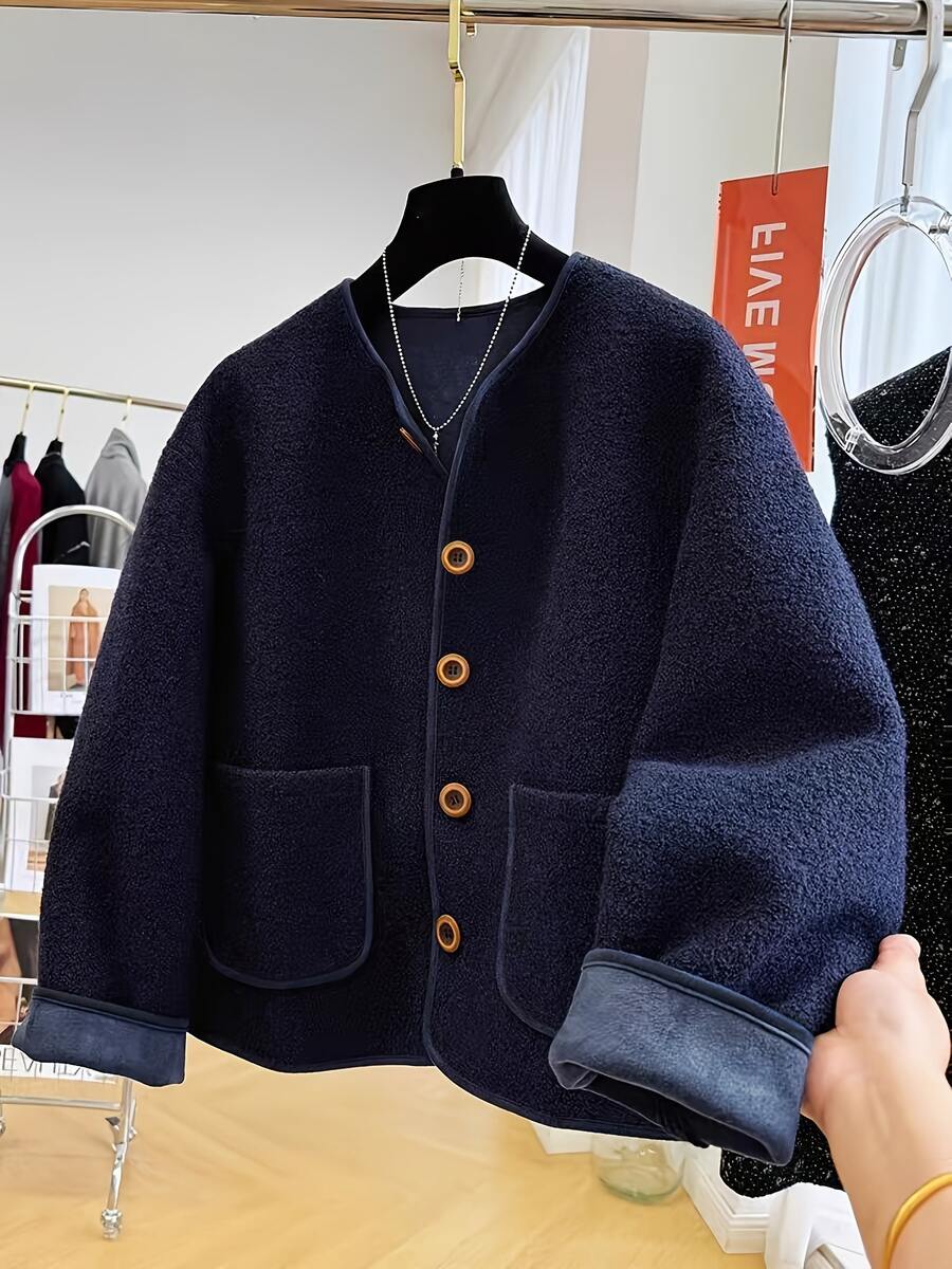 Stylish Korean Chic Faux Lamb Wool Round Neck Short Loose Casual Jacket For Women, Autumn/Winter