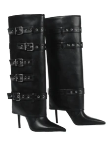 Punk Fashion Women's Knee High Boots Pointed Toe Multi Buckle Straps Stiletto High Heels Tall Booties Party Dressy Occasions Fall Winter Wide Calf Long Boots - 黑色 - 查看 4