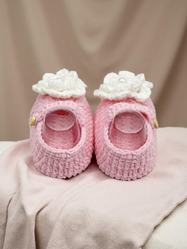 1 Pair Handmade Infant Shoes, Green Crochet Knit With White Flower, Button Closure - Baby Pink - View 7