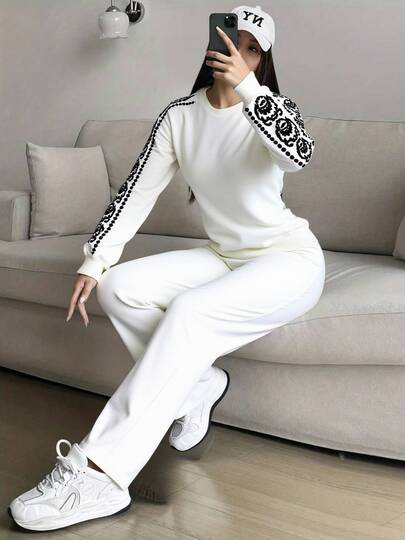 Juego de Suéter de Moda para Mujeres - Conjunta de Manga Larga y Pantalones Anchos, Variedad de Colores, Cálido y Cómodo, Perfecto para el Otoño e Invierno