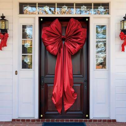 1pc Polyester Christmas Big Bow Merry Christmas Porch Banner, 35x70 Inches, Holiday Front Door Background, Seasonal Graphic Hanging Door Banner, Home And Kitchen Party Decor, No Power Required