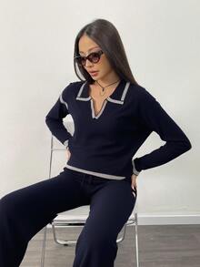 "Conjunto de Mujer de 2 Piezas - Top con Cuello en V y Pantalones Largos, Diseño Elegante, Multicolor, Larga Duración, Acolchado, Suave y Cálido" - Negro - Ver 1