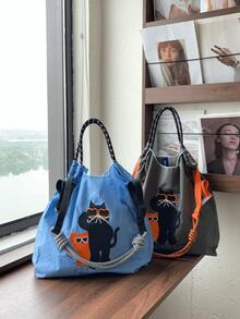 New Women's One Shoulder Bag, Japanese Embroidered Cat Design, Large Capacity Tote Bag, Lightweight And Foldable, Suitable For Commuting, Travel, Party, Surprise Gift, Christmas Gift, Large Capacity Handbag, Commuter Bag, Women's Bag