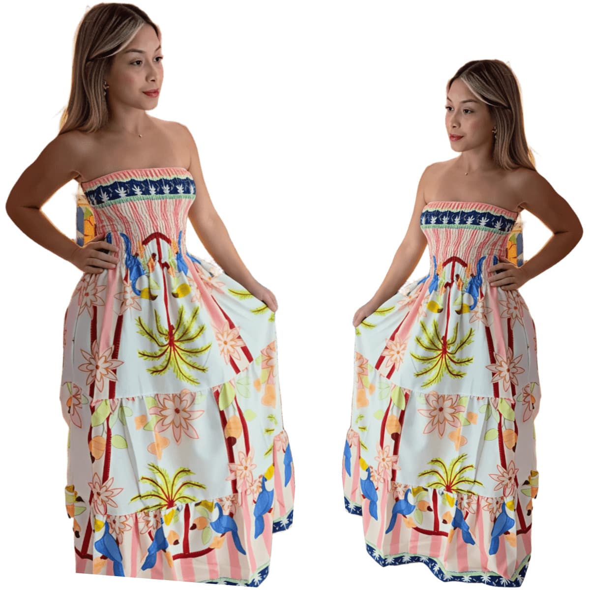 July Tropical Strapless Dress In Various Prints, 2025 Collection - Guava - View 1
