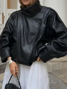 DEEKA Autumn/Winter New Women's Fashion European & American Style Minimalist Versatile Litchi Texture Leather Jacket, High-End Outerwear