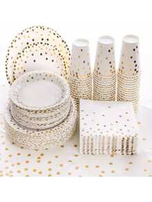 A Set Of 50 Or 80 Disposable Party Supplies In White And Gold, Including White Paper Plates, Napkins And Cups With Gold Dots, Suitable For Weddings, Baptisms, Birthdays, Graduation Ceremonies And Daily Use. Made Of Paper, No Power Supply Required. - Multicolor - View 9