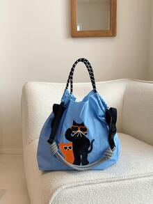 New Women's One Shoulder Bag, Japanese Embroidered Cat Design, Large Capacity Tote Bag, Lightweight And Foldable, Suitable For Commuting, Travel, Party, Surprise Gift, Christmas Gift, Large Capacity Handbag, Commuter Bag, Women's Bag