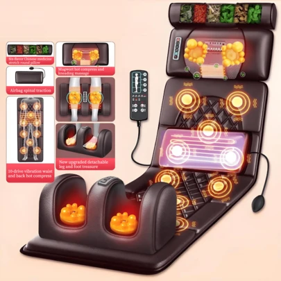 Cojín de masaje calentado para todo el cuerpo, cojín de masaje para todo el cuerpo con almohada ajustable, cojín de masaje calentado para todo el cuerpo, cojín vibratorio (10 nodos de vibración), cojín de masaje relajante,Cojín de masaje eléctrico con compresas calientes - Totalmente equipado con prensado en caliente [ engrosado + Rodillo para el cuello + Bolsa de aire + Calefacción por vibración + Control remoto de mano + Calentamiento y amasamiento de piernas]