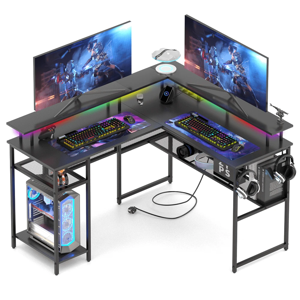 L-Shaped Gaming Desk 140x120x75 Cm, Computer Corner Desk With Storage Space, Monitor Mount, 2 USB Ports, 3 Power Outlets & LED Lighting - 查看 1