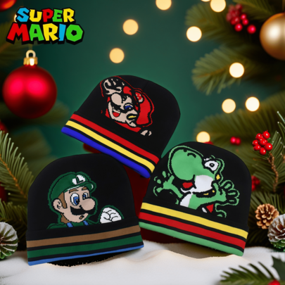 Super Mario Super Mario Officially Licensed Intarsia Knit Beanie, Warm Ear Protection For Autumn/Winter, Cute Cartoon Colorblock Striped Warm Beanie, Suitable For Christmas, Theme Parties, Birthdays And Other Holidays, Also A Perfect Gift
