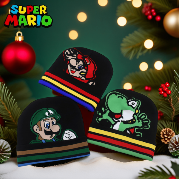 Super Mario Super Mario Officially Licensed Intarsia Knit Beanie, Warm Ear Protection For Autumn/Winter, Cute Cartoon Colorblock Striped Warm Beanie, Suitable For Christmas, Theme Parties, Birthdays And Other Holidays, Also A Perfect Gift
