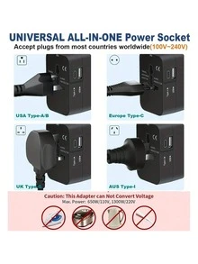 Bộ chuyển đổi du lịch đa năng có 1 cổng sạc USB & 1 cổng sạc Type-C, đầu vào 100-240V, bộ chuyển đổi nguồn cho phụ kiện máy tính, phích cắm US/UK/AU, chống sét lan truyền, phù hợp với hơn 150 quốc gia, thiết yếu cho chuyến công tác và du lịch, dành cho máy tính xách tay, máy tính bảng, máy tính xách tay - Xem 10