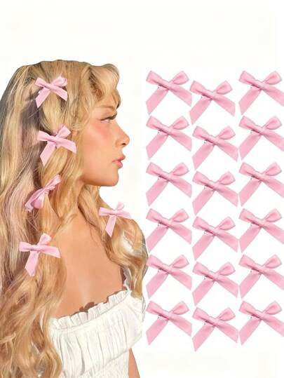 18PCS Pink Hair Bows For Women Hair Ribbon For Hair Small Hair Bows Clips Small Satin Hair Clips Mini Bows Hair Barrettes Hair Accessories For Women Girls Claw Clips, School Stuff