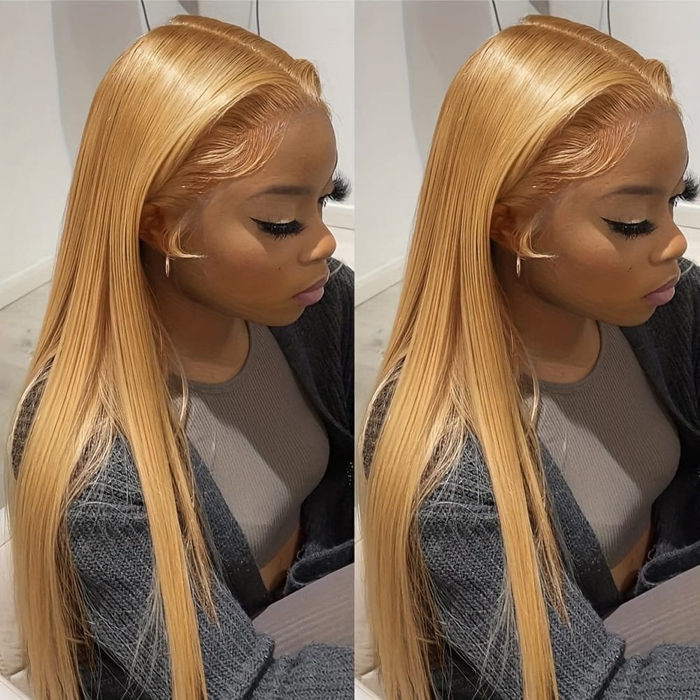 Halloween Honey Blonde Straight Human Hair Wig With 13x6 Transparent Lace Front - Pre-Plucked, 180% Density, Ombre 27  For Women - Natural Look & Versatile Styling, Comfortable Lace Cap For All Light Beige Tones, Human Hair Lace Front Wig, Ready To Wear Human Hair Wigs, Human Hair Wigs For Women Glueless, Wig, Real Human Hair Wigs For Women Halloween Cosplay Remy Hair For Everyday And Special Events - Elegant Hairstyles, Versatile Wigs - 金色 - 查看 1