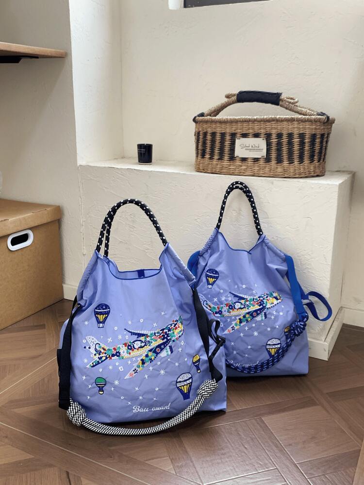 New Women's Shoulder Bag, Japanese Embroidered Colorful Airplane Pattern Large Capacity Tote Bag, Lightweight Foldable Shopping Bag Suitable For Commuting, Travel, Shopping, Dating, Surprise Gift, Christmas Gift, Large Capacity Handbag, Commuter Bag, Women's Bag - Multicolor - View 9