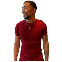 Men's American Ribbed Blouse Fitted Short Sleeve Round Neck Cotton Elastane T-Shirts - Burgundy - View 1