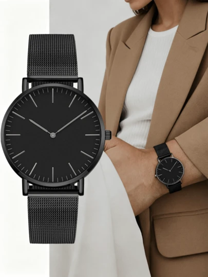 1pc Unisex Black Stainless Steel Quartz Watch, Minimalist Dial Design With Mesh Strap, Luxury Business/Casual Wristwatch, Suitable For Men And Women, Fashion Minimalist Style, Ideal For Daily/Office Occasions, Christmas/Birthday/Anniversary Gift