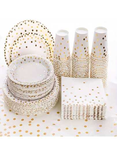 A Set Of 50 Or 80 Disposable Party Supplies In White And Gold, Including White Paper Plates, Napkins And Cups With Gold Dots, Suitable For Weddings, Baptisms, Birthdays, Graduation Ceremonies And Daily Use. Made Of Paper, No Power Supply Required.