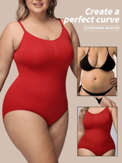 1 pezzo Tuta da donna taglie forti, senza cuciture, rossa, elegante e comoda, minimalista, con controllo di petto e addome, aderente, adatta per sport e yoga