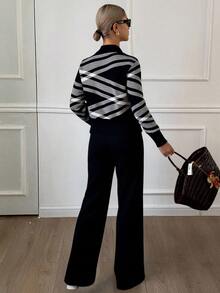 Conjunto de Mujer de 2 Piezas - Suéter de Manga Larga y Camisa con Pantalones Largos, Diseño Moderno, Multicolor, Suave y Abrigado para el Otoño e Invierno, Ideal para un Look Elegante y Acogedor. - Negro - Ver 2