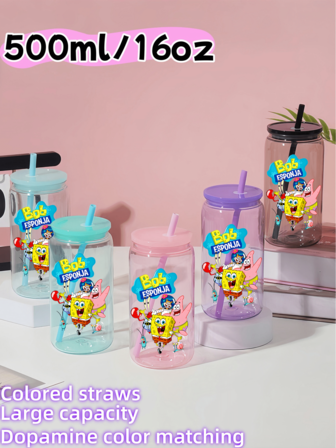 SPONGEBOB 1 PIEZA TAZA DE AGUA DE DISEÑO LINDO DE ESPONJA BOB DE 500 ML/16 OZ Taza portátil y duradera con pajita que no gotea y puede contener cubitos de hielo, adecuada para la vida diaria, el hogar, el trabajo, el fitness, el camping y como regalo adecuado para vacaciones, cumpleaños o Navidad (algunas partes pueden ser aleatorias)