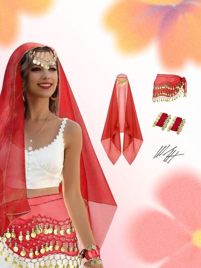 肚皮舞套装，肚皮舞雪纺臀巾、头巾、腕带、金币舞蹈配饰，适用于肚皮舞装饰、舞蹈头巾、舞蹈比赛、民间舞蹈表演和服装配饰。非常适合表演和节日、万圣节服装、圣诞节礼物，多种颜色可选