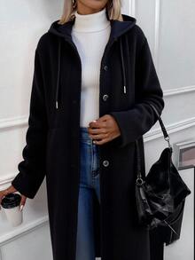 Chaqueta de mujer de felpa con capucha, medio largo y anudada con botones - Abrigo cálido y moderno con abertura lateral - Negro - Ver 3