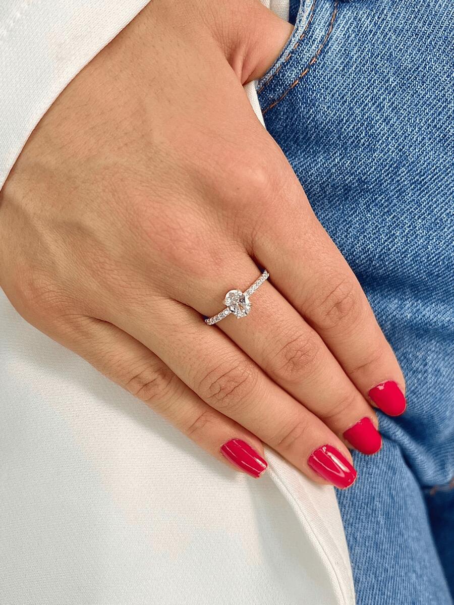 Solitaire Ring Zirconia Oval Crystal 925 Sterling Silver - Silver - View 1
