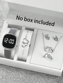 6件組：1件女士數位手錶與5件心形珠寶飾品，包含戒指、項鍊、手鍊與耳環，適合情人節禮物、聖誕禮物、畢業禮物或學校使用 - 彩色 - 查看 1