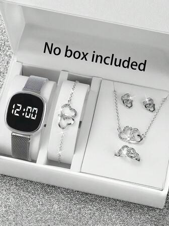 6-Piece Set: 1 Women's Electronic Digital Watch And 5 Heart-Shaped Jewelry Accessories Including A Ring, Necklace, Bracelet, And Earrings, Suitable As A Valentine's Day Gift, Christmas Gift, Graduation Gift, Or For School Use.