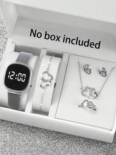 Juego de 6 piezas: 1 reloj digital electrónico de mujer y 5 accesorios de joyería con forma de corazón que incluyen un anillo, un collar, una pulsera y unos pendientes, adecuado como regalo del Día de San Valentín, regalo de Navidad, regalo de graduación o para uso escolar.