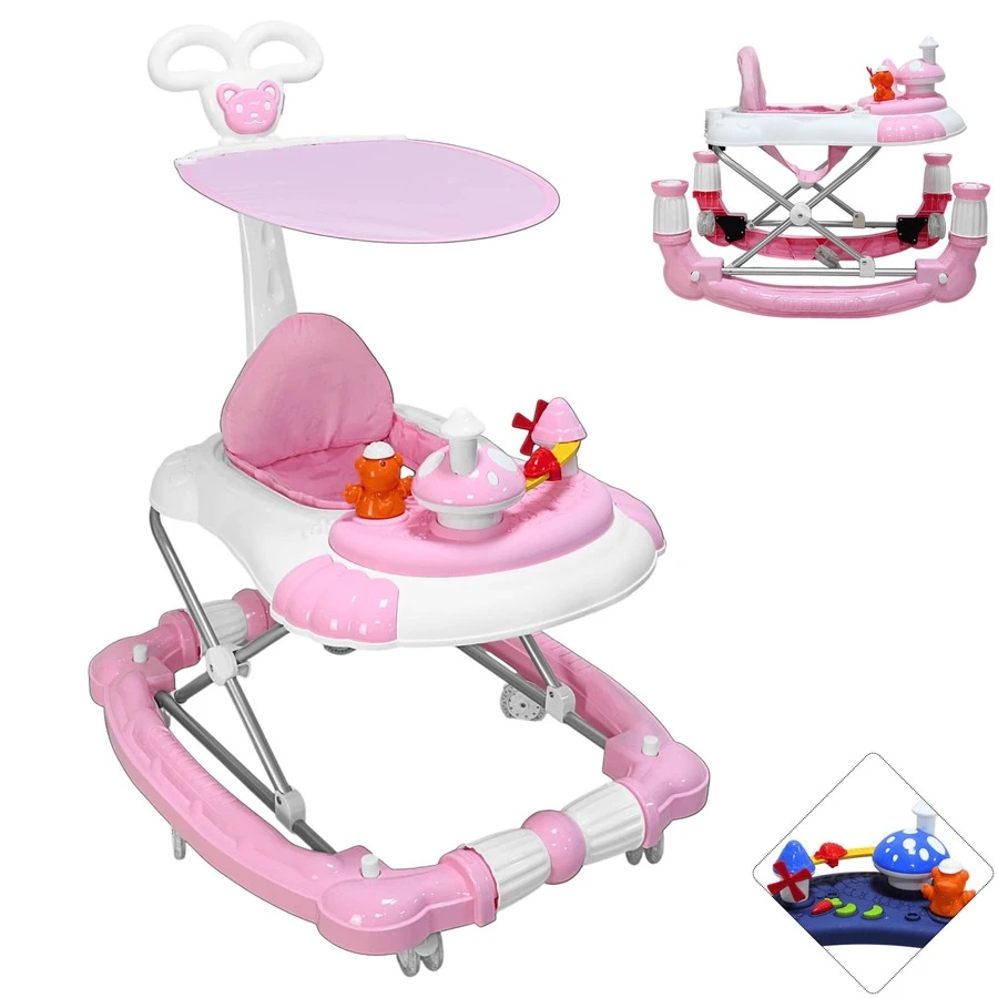 Joykoo Andadera para Bebé Mecedora Diseño de Hongo Musical Bastón con Toldo Altura Ajustable Plegable Ruedas de Goma - Rosa - Ver 1