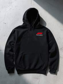 Men's Soft Hoodie With Abstract Red & White Formula Racing Logo Print,Warm Pullover Hooded Sweatshirt For Casual Style. - Black - View 3