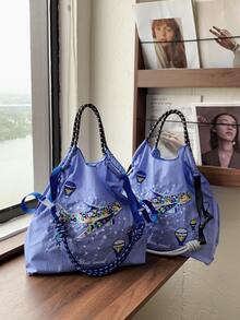Neue Damen Umhängetasche, japanisch besticktes buntes Flugzeug Muster Shopper mit großer Kapazität, leicht faltbare Einkaufstasche geeignet für Pendeln, Reisen, Einkaufen, Dates, Überraschungsgeschenk, Weihnachtsgeschenk, Handtasche mit großer Kapazität, Pendlertasche, Damentasche