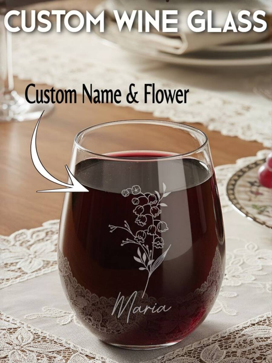 1pc Customized Name Wine Glass, Customized Birthday Flower Wine Glass, Customized Glassware With Text, Customized Gift, Personalized Wine Glass, Personalized Glassware, Personalized Water Cup, Wedding Gift, Celebration Moment, 550ml, Suitable For Valentine's Day, Mother's Day, Father's Day, Birthday, Party, Anniversary, Best Gift For Family, Friends, Colleagues, Partners, Gift For Him, Gift For Her - Birthday Flower Styles - View 1